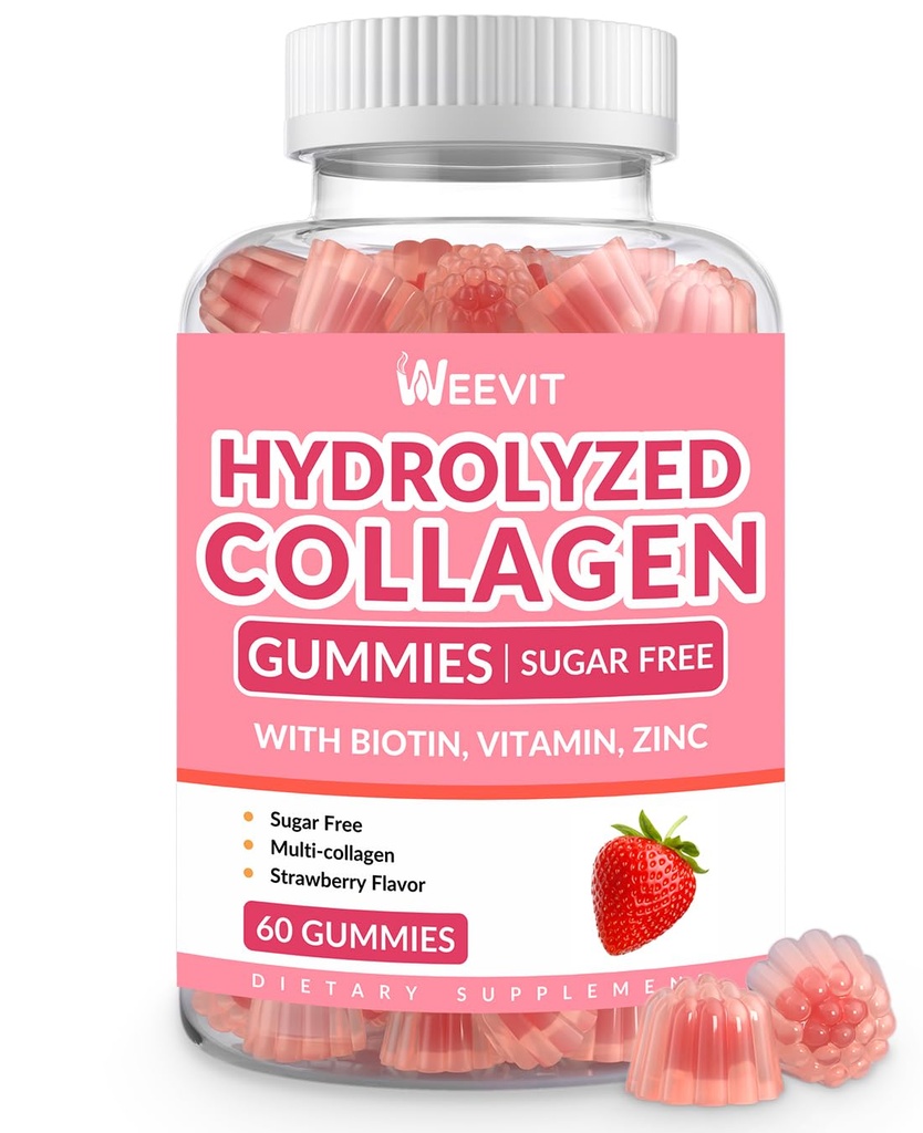 Kolagenové gumy pro ženy, Hydrolyzované kolagen Peptidy Gumy s Biotin, Kolagenové doplňky Gummy s vitaminem B12, C, D, Zinek pro vlasový kožní hřebík