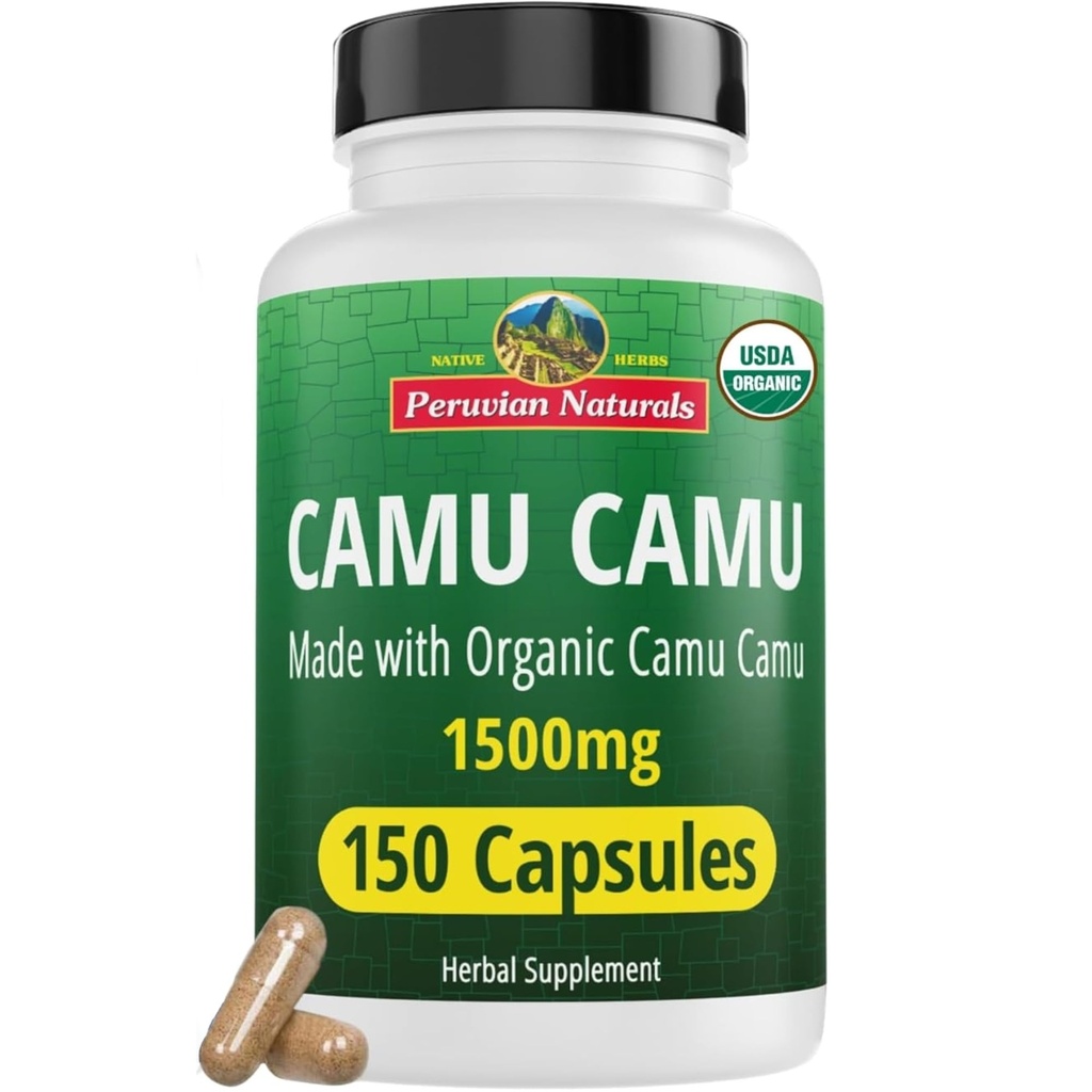 Peruánské Naturals Organic Vitamin C z Camu Camu Kapsle 1,500mg - 150 Vegan pilulky, přírodní vitamín C z celého jídla Camu Berry Organic, Non- GMO