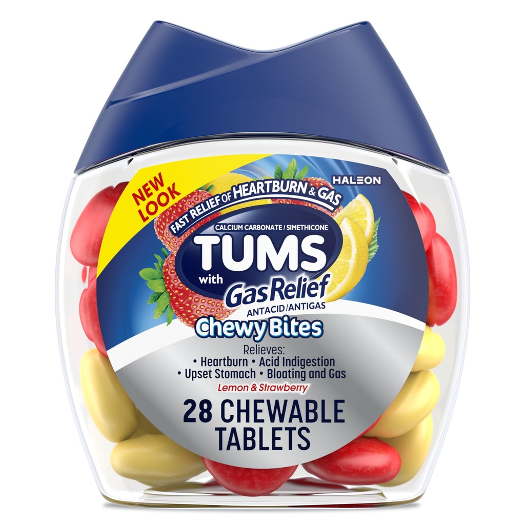 TuMS Chewy Bites Žvýkací Antacida Tablety s úlevou od plynu, Lemon & Strawberry - 28 Počet