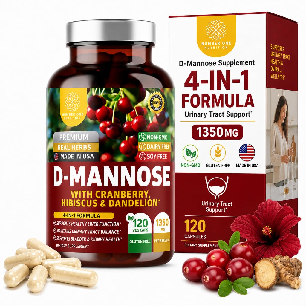 Number One Nutrition Premium D Mannose dodatek pro ženy a muže [Max síla, 1350MG] Přírodní D- Mannose s brusinkou, Hibiscus a Pampeliška pro močové trakt zdraví, 120 Počet