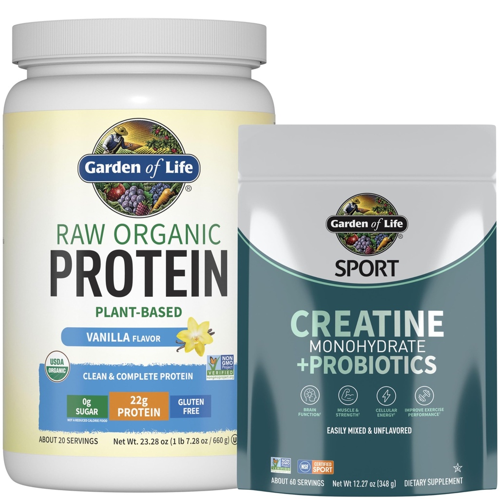 Zahrada života Protein & Creatine Bundle - Vegan Vanilla Protein Powder 20 Servings with BCAA, Probiotics & Enzymes + Creatine Monohydrát Pre Workout 60 Servings for Muscle, Force & Performance