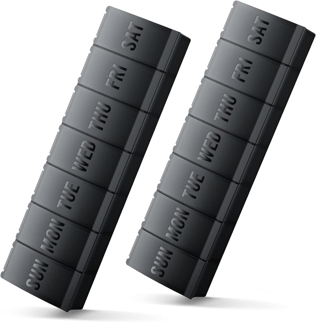 Velký Pořadatel pilulek 2 Pack, Easy- Open Týdenní Pořadatel pilulek, XL Denní Pořadatelé pilulek, 7 Den Medicine Pořadatelé pilulek, Medicine Box 7 Den pro velké vitamínové doplňky (Double Black)