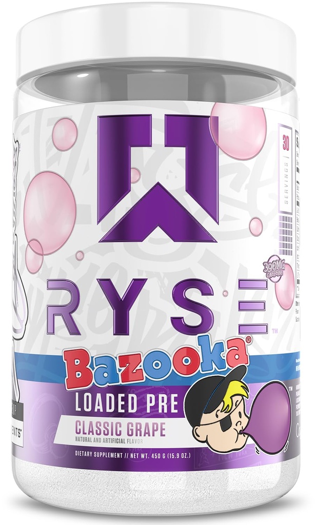 RYSE Loaded Pre Workout Powder - Bazooka Grape - Denní předcvičení pro muže a ženy s 390mg kofeinu, Beta Alanin, a Citrulline pro čerpadlo, Focus, a energie - 30 Služeb
