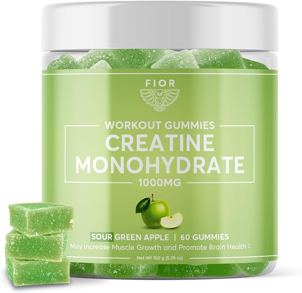 FIOR Creatine Gummy - Nejlepší Creatine Monohydrát Žvýkací, 60 Počet, Cvičení & Protein Dodatek, Kognitivní Vylepšení, Sour Green Apple Flavor, 30 Služeb