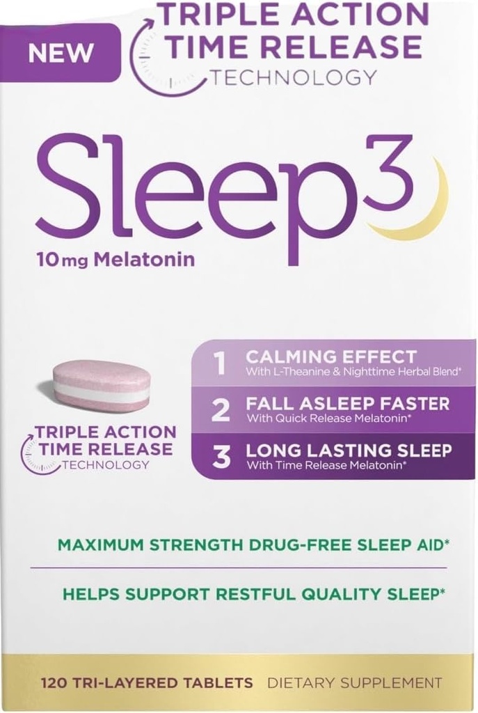 NB Sleep3 Triple Action Time Release Melatonin Sleep Aid, 10mg, Maximální síla, Drog- Free, 120 Tri- Layered Tablety, s L- Theanin