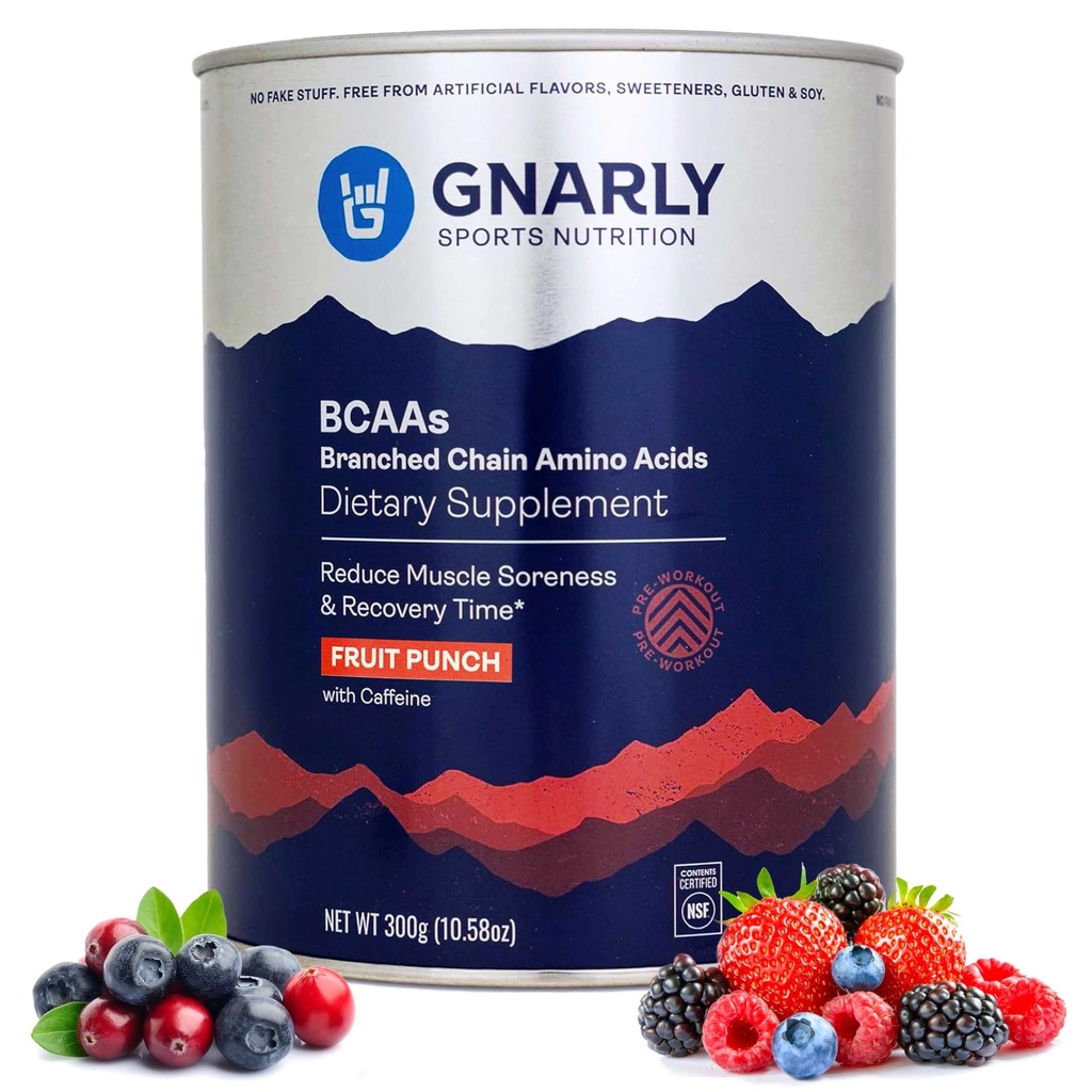 Gnary Nutrition BCAA Powder, Fruit Punch - Předcvičení BCAAS Amino Acids - NSF Sport Certified - Dodatek k podpoře a obnovení svalů - Fruit Punch s kofeinem, 10.58 oz