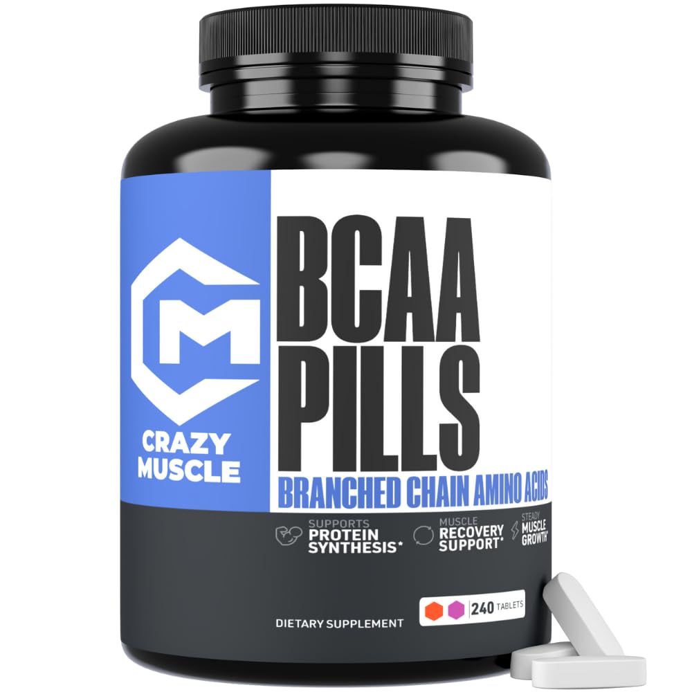 Crazy Muscle 3000mg BCAA pilulky (80 dní dodávky) s Optimum 2: 1: 1 Poměr rozvětvených řetězců aminokyselin pro obnovu a růst, 1000mg BCAA na pilulku (více než BCAA kapsle) 240 tablet