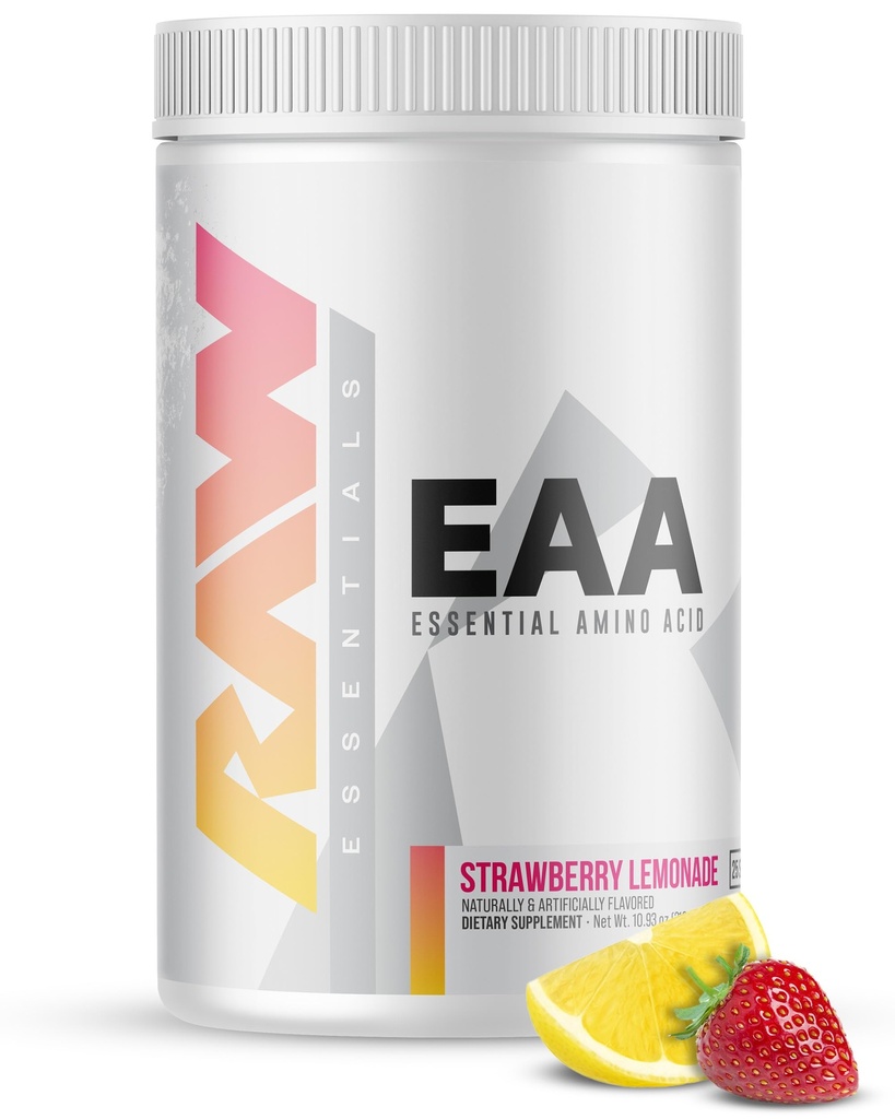 RAW EAA aminokyseliny Powder, Strawberry Lemonade (25 Služeb) - Předcvičení Amino Energy Powder for Strength, Endurance, Recovery & Lean Muscle Growth - BCAA aminokyseliny dodatek pro muže a ženy