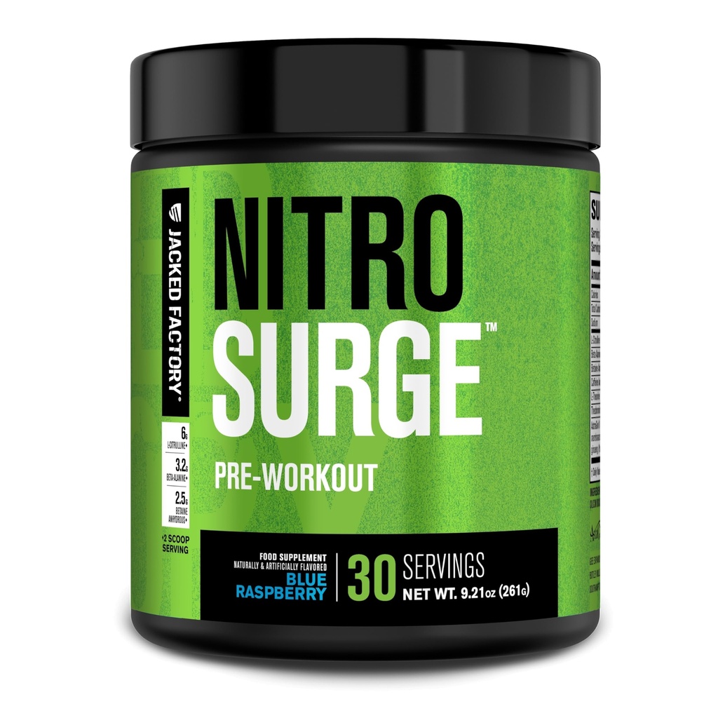 Jacked Factory NITROSURGE Pre Workout Dodatek - Energy Booster, Instant Strength Gains, Clear Focus & Intenzivní čerpadla - NO Booster & Powerful Preworking Energy Powder - 30 Servings, Blue Raspberry