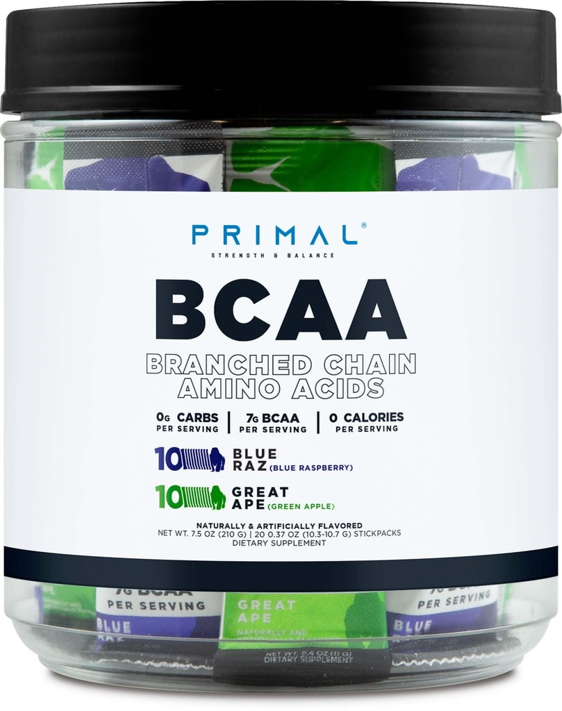 Primal BCAA Variety Pack, Blue Raspberry + Great Ape Green Apple Ochucené (20 Stickpacks) - 7G BCAA per Serving, Branched Chain Amino Acids