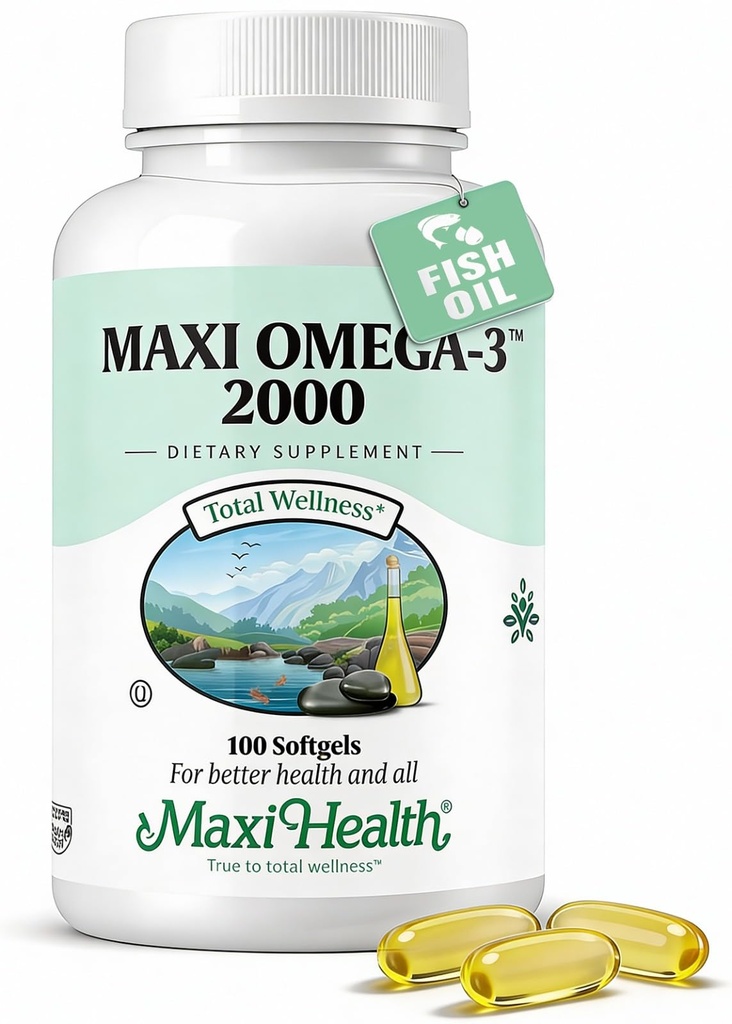 Maxi Health Omega 3 Fish Oil 2000mg - Rybí olej Omega 3 Doplňky s No Fishy Aftertact - Triple Strength EPA DHA - Kosher Omega3 Dodatek k podpoře celkové Wellness (100 Softgels)