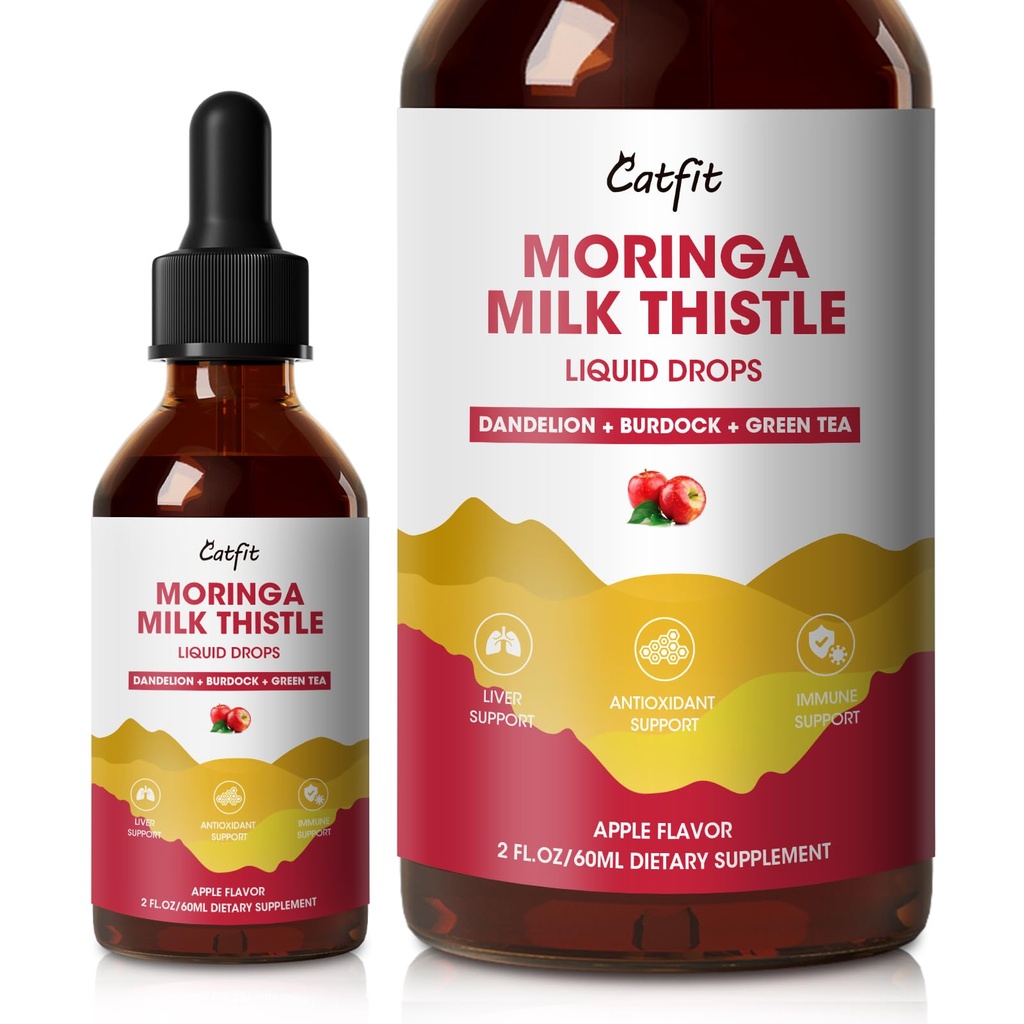Mléko Thistle Játra Detox Kapky Apple Flavor - Vyčištění jater Detox & Opravy s Moringa, Pampeliška, Burdock & Green Tea - Bylinný tekutý dodatek pro podporu jater a zdraví jater, Vegan, 2 Fl Oz