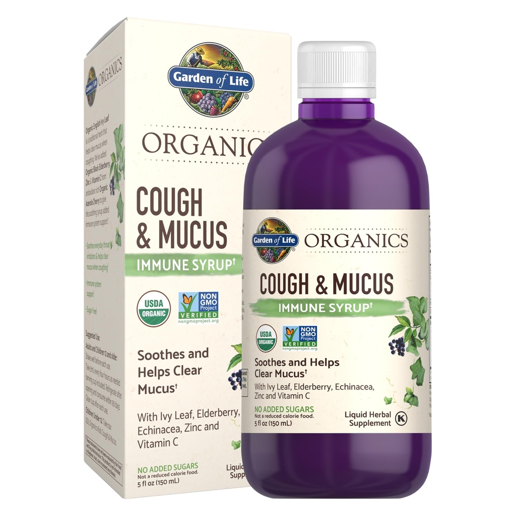 Zahrada života Organics Elderberry Zinková imunitní podpora pro dospělé a děti 12 a starší, Organic Cough & Mucus imunitní syrup s Ivy Leaf, Vitamin C a Echinacea, No Add Sugars, 5 Fl oz