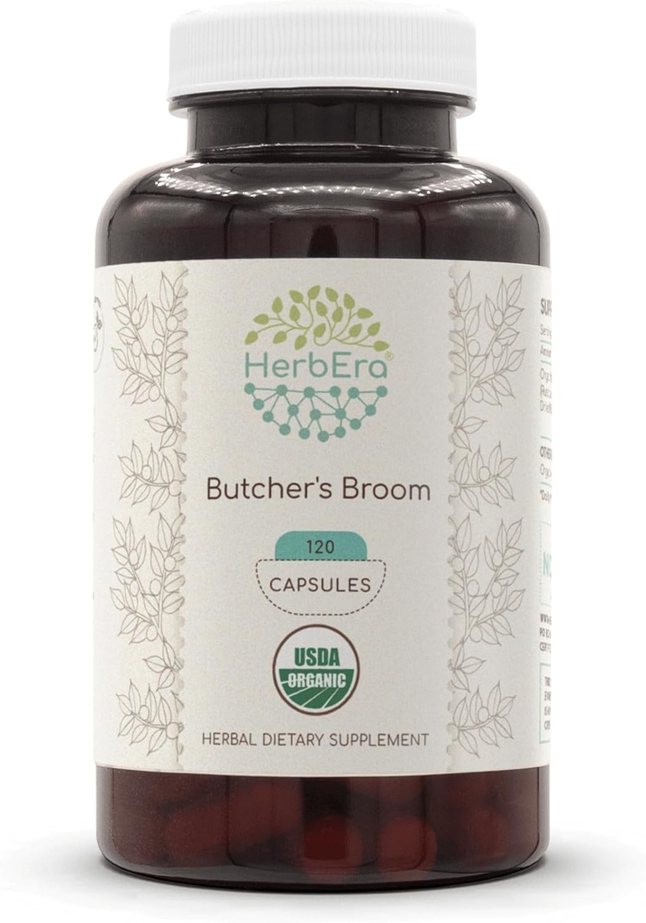 HerbEra Butcher 's Broom USDA Organic 120 Kapsle 124; Přírodní Bylinný dodatek CUP124; Certified Organic Vegetarian Kapsle a Organic Butcher' s Broom (Ruscus aculeatus) Sušený kořen (120 Kapsle)