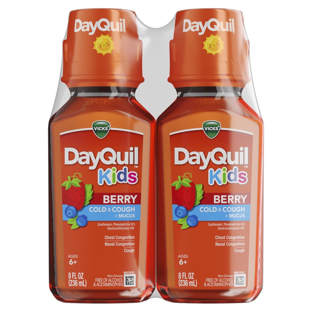 Vicks Kids DayQuil Berry Coal & Cough Medicine Co- Pack, Daytime Relief of Multiple Symptoms, Great-Ochutnávání Berry Flavor, bez alkoholu a acetaminophen, pro věky 6 +, 2x8oz