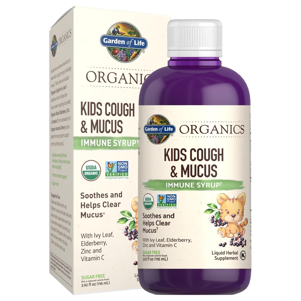 Zahrada života Organics Elderberry & Zink pro dětskou imunitní podporu, Děti kašel & Mucus imunitní syrup s Ivy Leaf, Vitamin C a Echinacea pro děti, Alkoholicko-Free, No Add Sugars, 3.92 fl oz