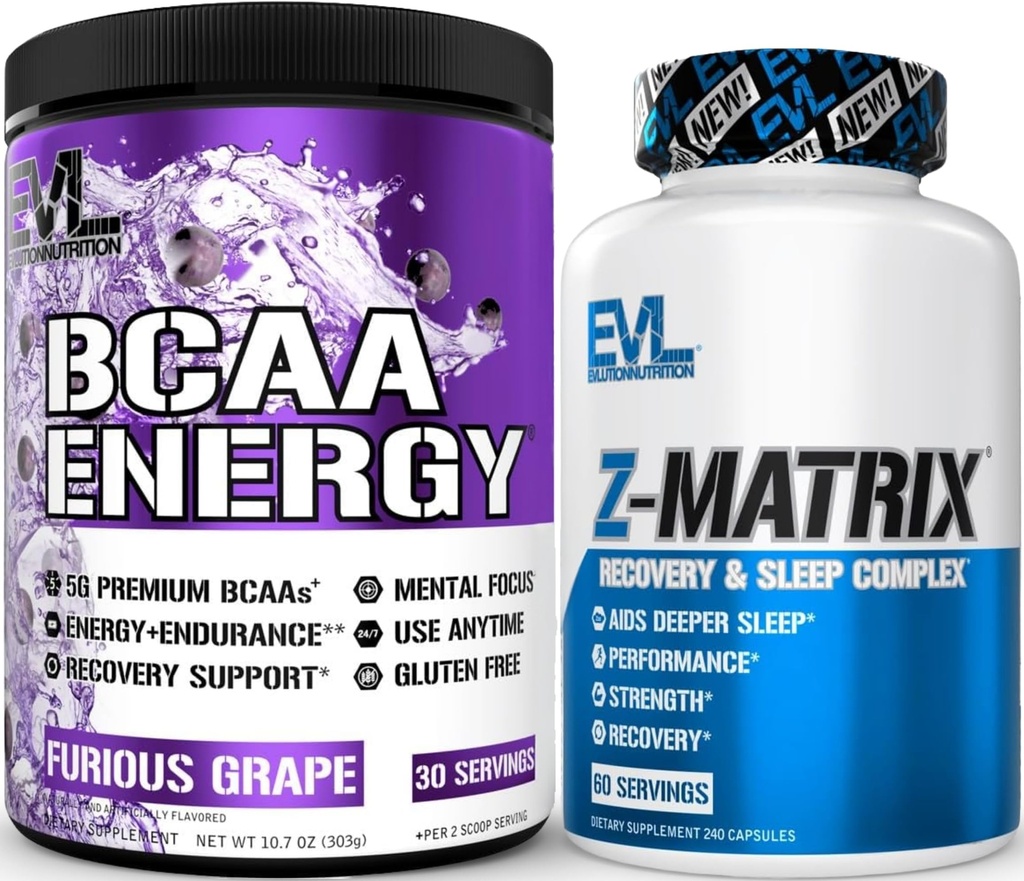 Eluce ZMatrix Magnesium a zink Post Workout dodatek (60 Služeb) Plus doplnění BCAA aminokyseliny prášek pro přípravu a příspěvek (Grape, 30 Služeb)