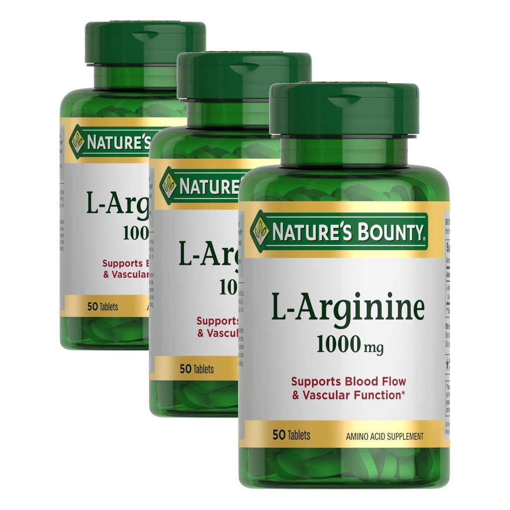 Přírodní Bounty L- Arginine 1000mg pro podporu krevního toku a cévní funkce - Non- GMO, gluten zdarma, 50 tablet (balení po 3)