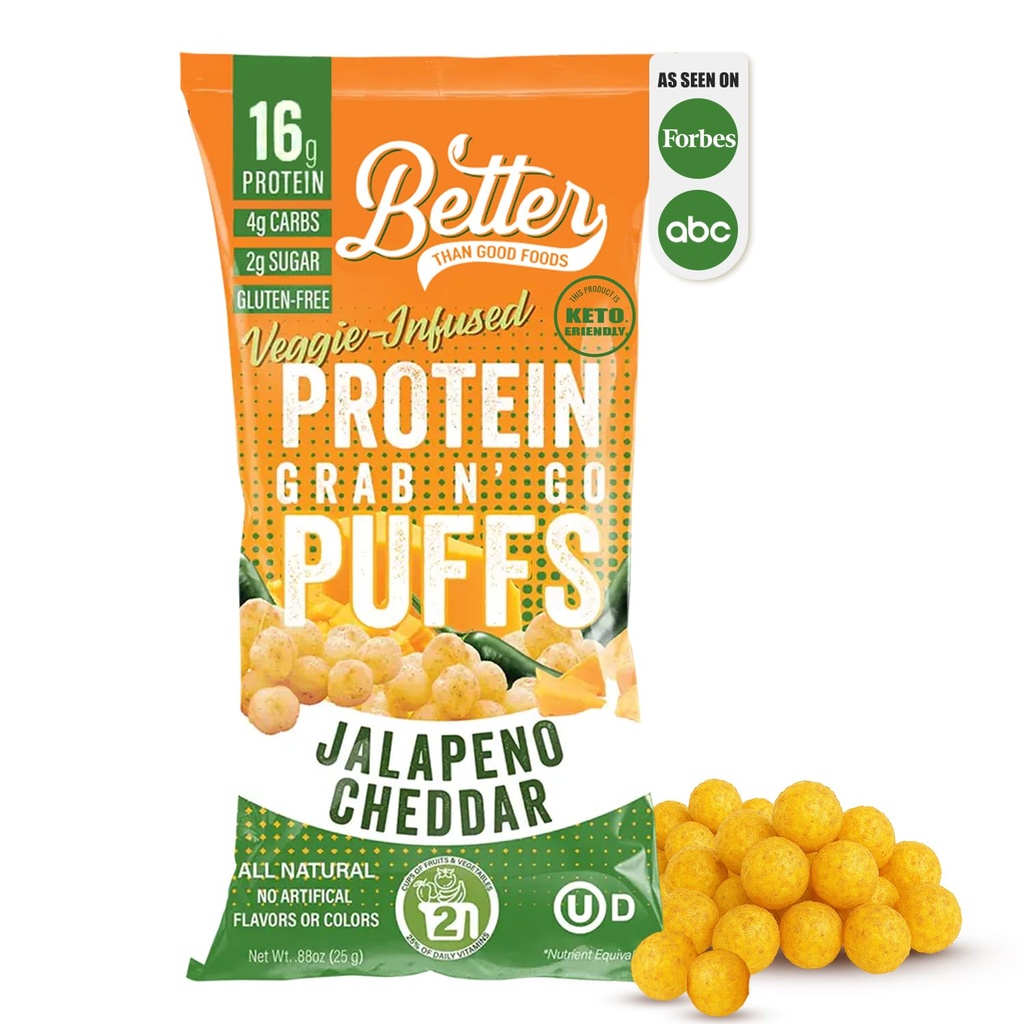 Lepší než dobrý Savory Keto Jalapeno Cheddar protein Puffs curren124; gluten- Free -16g protein, nízký cukr, nízká kalorie, Diabetic Friendly Snacks current124; Nízké sacharidy, Zdravé děti Snack curren124; Žádné umělé příchutě (12- Pack)