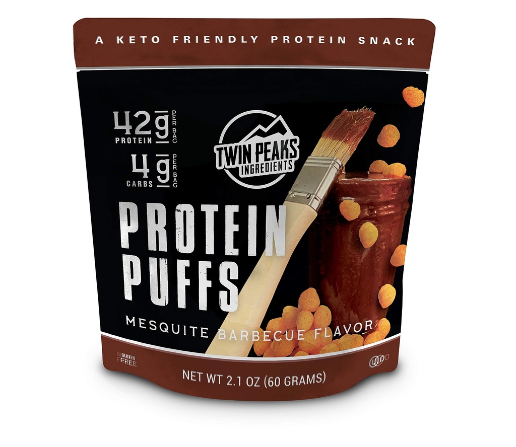 Twin Peaks Low Carb, Keto Friendly Protein Puffs, Mesquite Barbecue 2 Servingy, 3 Pack (60g, 42g Protein, 4g Carbs, 120 Cals)