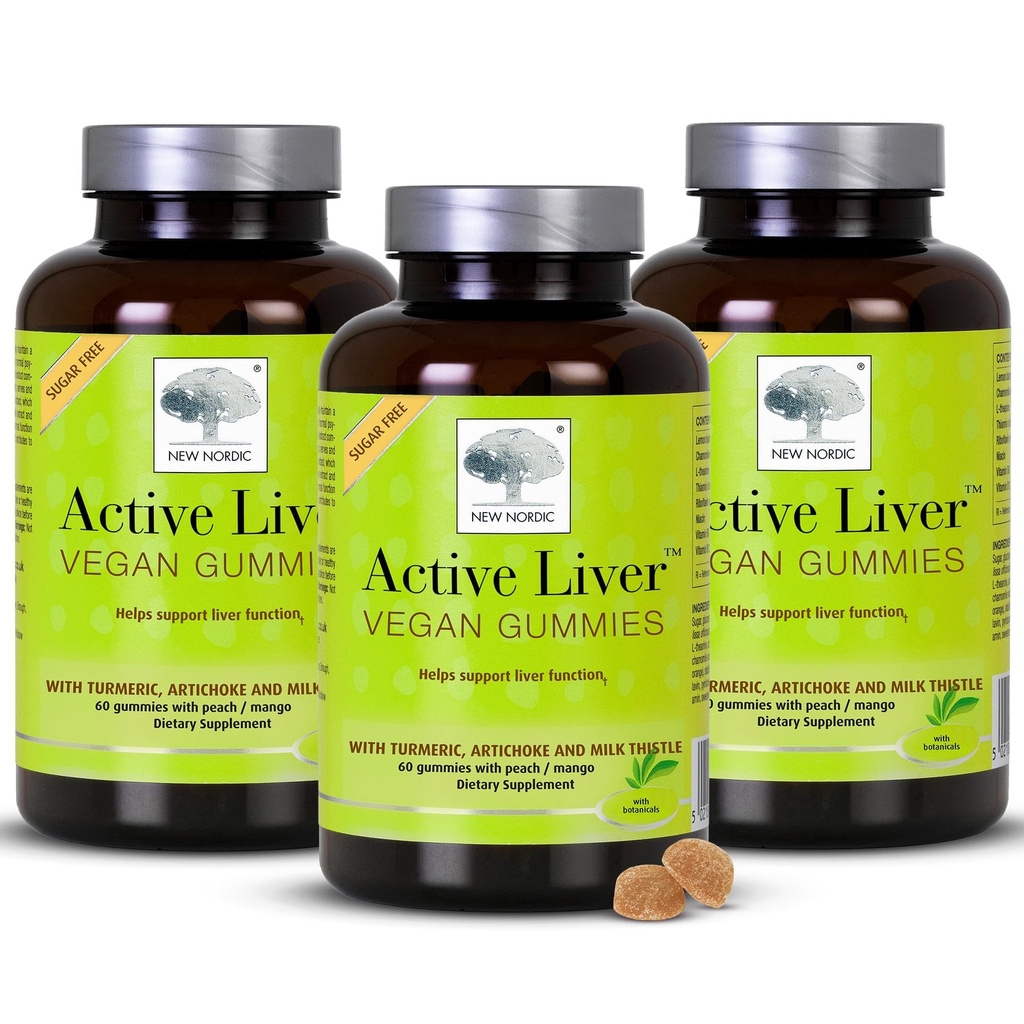Nové Nordic Active Jaterní Gummies, Mléčné Thistle, Artichode & Turmeric Supplement, Natural Peach & Mango Flavor, Cukr Free & Vegan, 60 Počet (balení po 3)