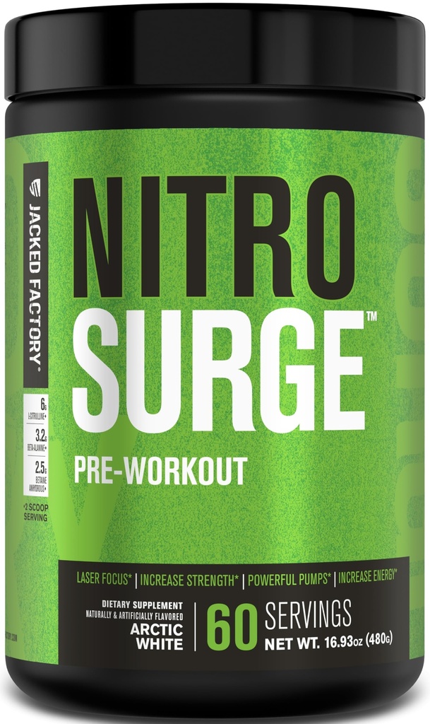 Jacked Factory NITROSURGE Pre Workout Dodatek - Nekonečná energie, Instant Strength Gains, Clear Focus, Intenzivní čerpadla - NO Booster & Powerful Preworking Energy Powder - 60 Služeb, Arctic White