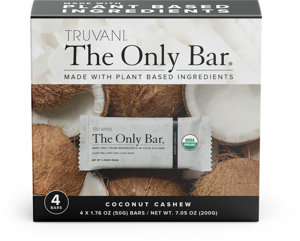Truvani Plant Based Snack Bars Côte 124; Kokosový kešu 4 balení 124; 5g protein Côte 124; USDA Organic and Vegan Côte 124; The Only Bar Côty 124; Dairy, Soy, and Gluten Free Côte 124; Individuálně zabalené