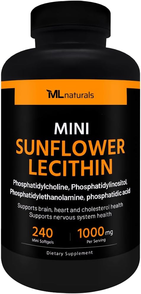 ML Naturals Mini slunečnice Lecithin 240 Softgels. Fosfatidylcholin, fosfatidylinositol, fosfatidylthanamin, fosfatidová kyselina, NSF- certifikovaný a cGMP- compliant