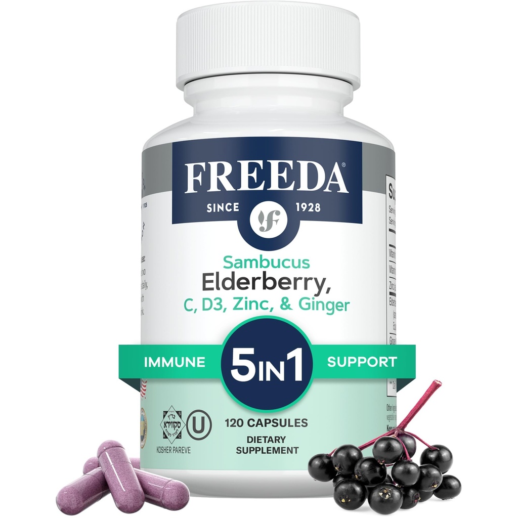 FREEDA Sambucus Elderberry s vitaminem C, zinkem, vitaminem D3 & Ginger - 5 in 1 Herbal Antioxidant Imunity Supplemente for Women & Men - gluten zdarma Dospělé Elderberry Kapsle, USA Made (120 Počet)