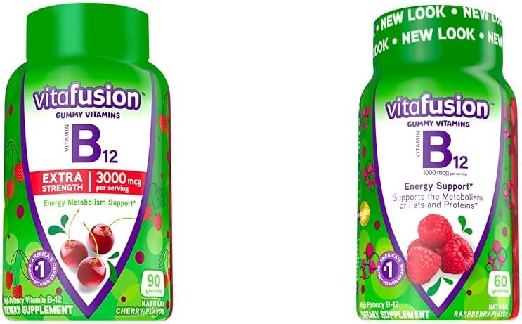 Vitafuze Vitamin B12 Gummy Vitamíny pro podporu metabolismu energie, Třešňový a Malinový Ochucený, America číslo 1 Značka, 90 a 60 Počet
