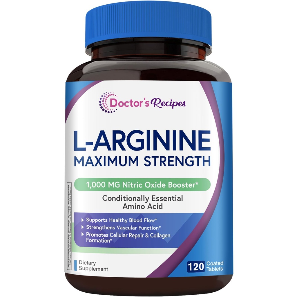 Lékařské recepty L- Arginin 1000mg, maximální dávka, výroba oxidu dusnatého, krevní tok a cévní funkce, podpora vytrvalosti a cvičení pro muže a ženy, 120 potahovaných tablet