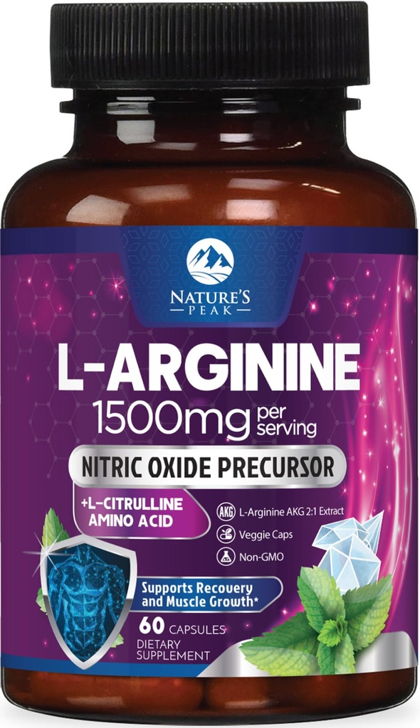 L- Arginin Complex - Extra Strength Nitric Oxide Booster Supplement - Premium Energy Blend for Natural Heart Health & Muscle Support - Non- GMO, Made for Men & Women, Bottled USA - 60 Kapsle