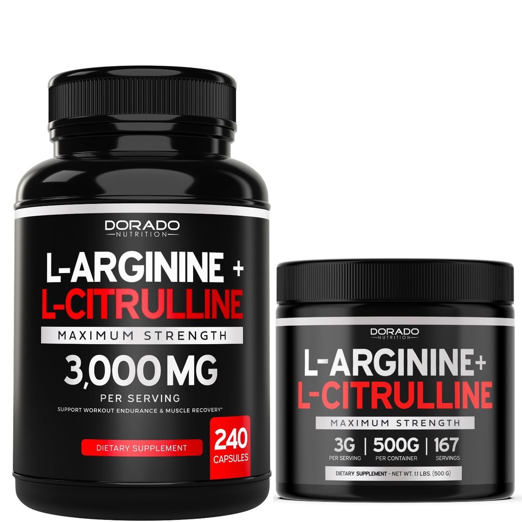 L Arginin L Citrulline (240 Počet) - Oxid dusný Pill pro Stamina & Endurance a L Arginine L Citrulline Powder (3g) - Oxid dusnatý Powder for Performance & Endurance - Vegan & USA Made