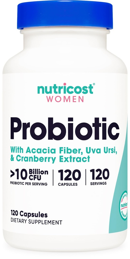 Nutricost Probiotic pro ženy 10 miliard CFU, 120 Kapsle - Komplex s Acacia Fiber, Uva Ursi & Cranberry Extract, Non- GMO & gluten zdarma