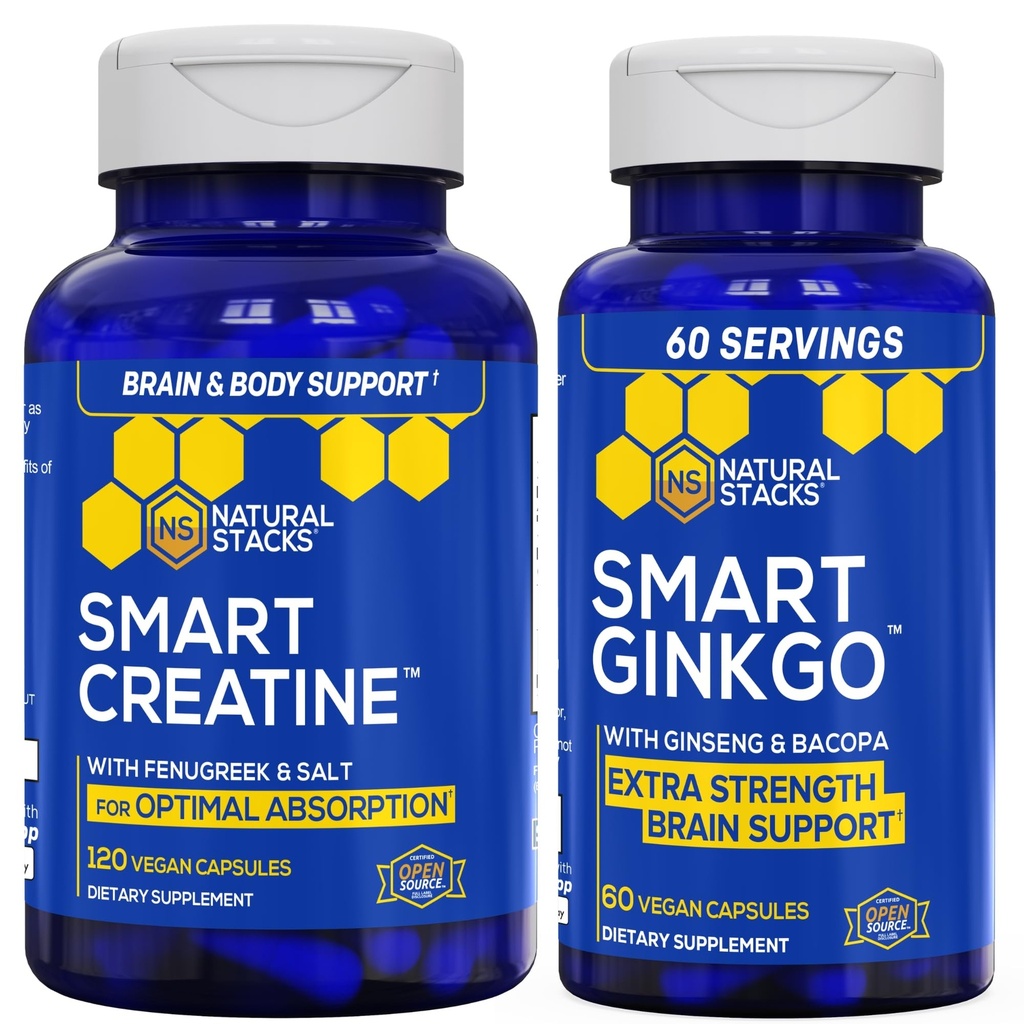 NATURAL STACKS Ginkgo Biloba + Creatine Monohydrát Bundle - Advanced Absorpční vzorec * - Extra Strength Brain Support * - 180 Celkové tobolky