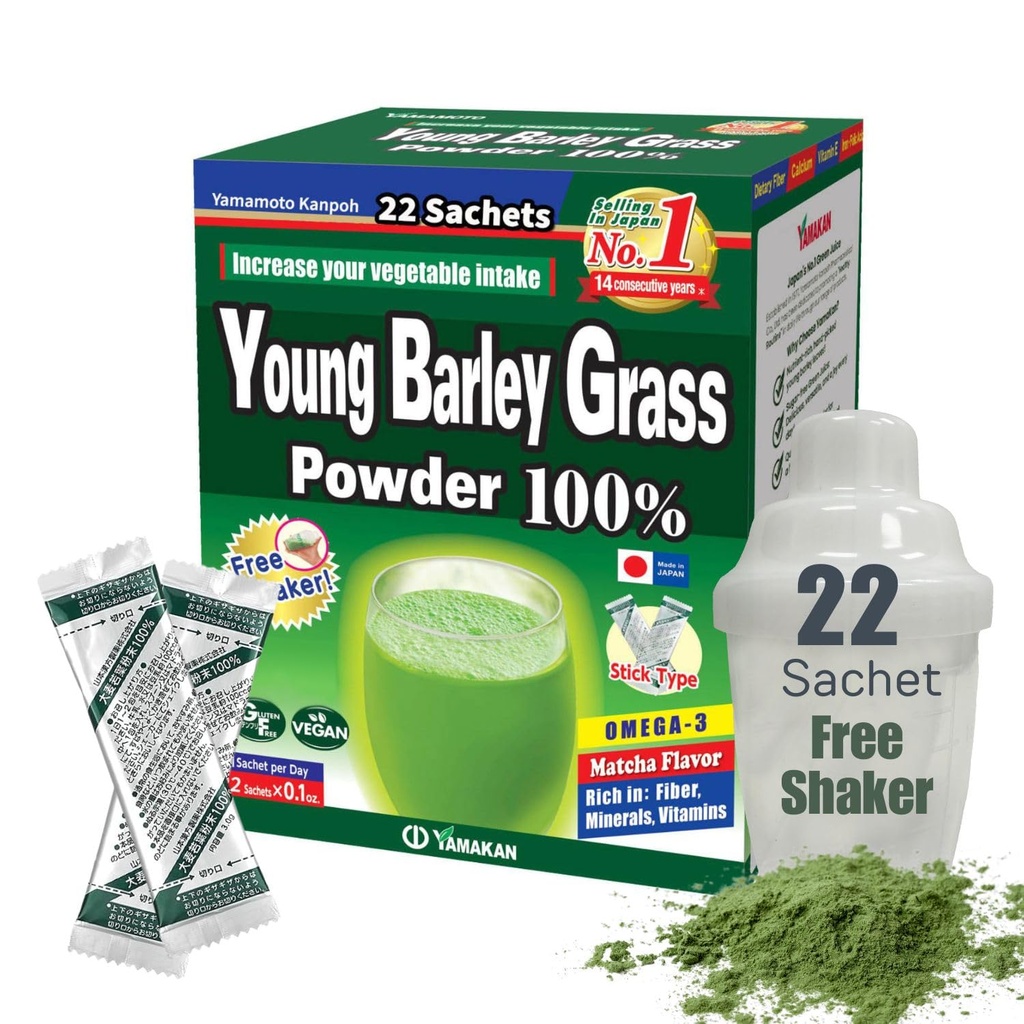 Yamamoto Kanpoh YAMAKAN Barley Grass Juice Powder, Young Barley Grass Powder Rich in Minerals, Vitamins & Plant- Based Protein for Women & Men, Grass Juice from Japan, Non GMO 22 Count