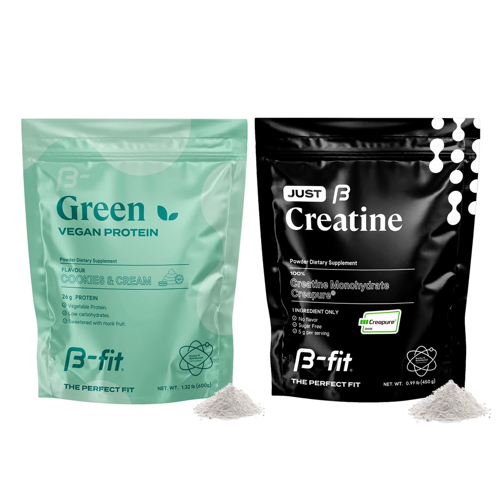 B- FIT B Vegan Protein + Just Creatin - Pea Protein Powder 600g - Rostlinný protein Shake - Creatin Monohydrát Powder - Creapure - 90 Servings - 450 g