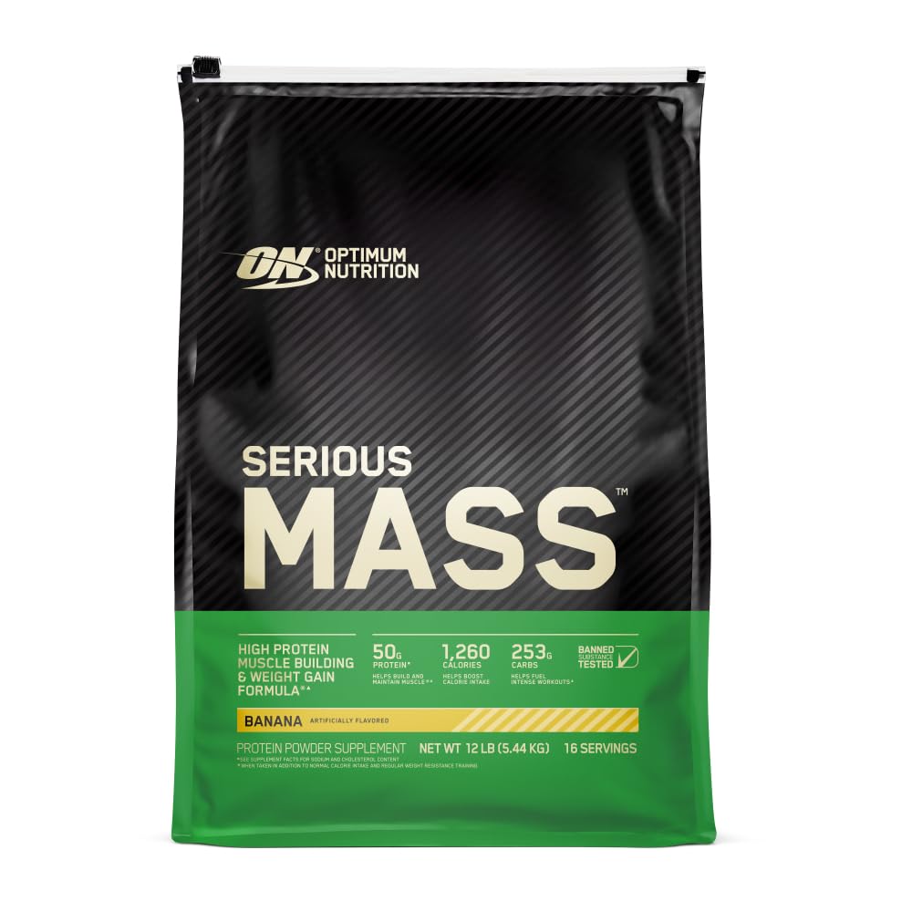 Optimum Nutrition serious Mass, Weiner Gainer Protein Powder, Mass Gainer, Vitamin C a zink pro imunitní podporu, Creatine, Banana, 12 liber (Balení May Vars)
