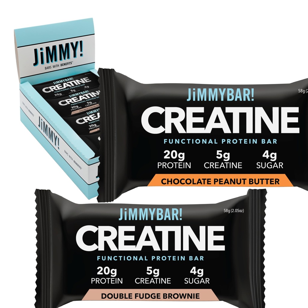 Jimmy! Kreatinový protein Bar - 5g kreatinského monohydrátu + 20g protein - Vysoký protein Snack - Podporuje růst svalů, síla a zotavení - Real Food Energy Bar pro atletiky 124; 6 čokoládové arašídové máslo + 6 Fudge Brownie Variety Pack (12 Bary)
