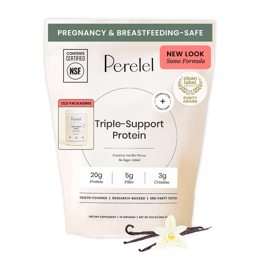 Perelel Triple- Support Plant Based Protein Powder, Creamy Vanilla, 20g Vegan Protein Powder, 3g Creatin Monohydrát, & 5g Prebiotic Fiber per Serving, Dairy Free, No Sugar Added, 15 Day Supply