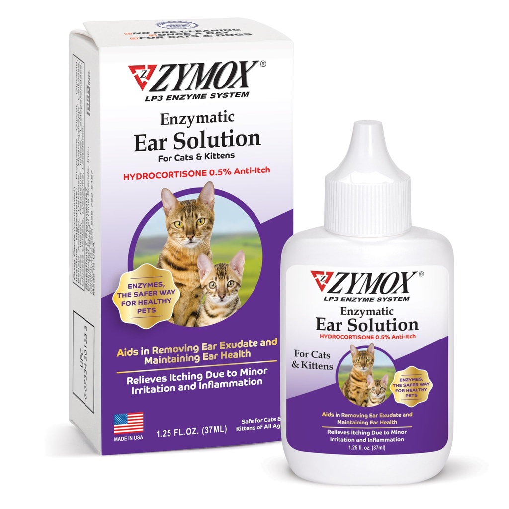Zymox Enzymatic Ušní roztok s 0, 5% hydrokortizon pro kočky a koťata, 1, 25 oz. - Cleans & Refreshes Ušní kanál pro úlevu od vosku, Dirt Buildup, Itchiness, Irritation, Zánět a zarudnutí