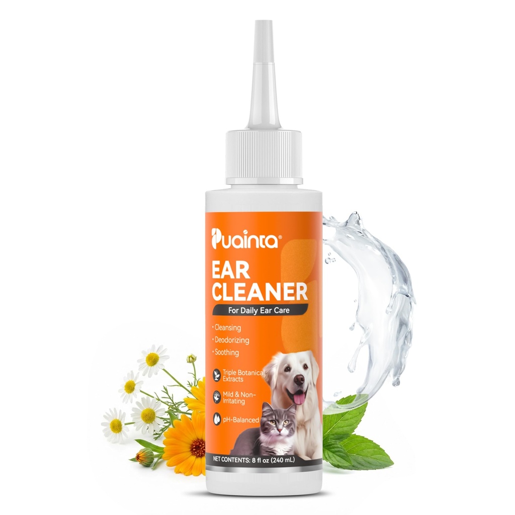 PUAINTA Dog Ear Cleaner Solution - Alcohol- Free Uar Wash with Quantum Silver & Witch Hazel - Soothes Itch, Removes Wax & Odor - Gentle Daily Flush for Dogs & Cats (8 oz)