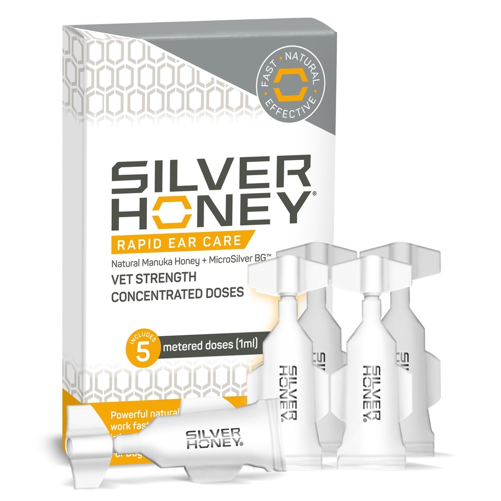 Absorbin Silver Honey Rapid Ušní péče Vet Koncentrované dávky, 5 Ušní kapky pro 10 dní na 1 Ucho pro psy a kočky, Lékařský stupeň Manuka Honey & MicroSilver BG