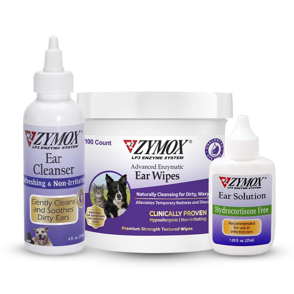 Zymox Enzymatic Ušní ubrousky, Ušní čistič, & Ušní roztok bez hydrokortizonu pro psy a kočky - Product Bundle - pro špinavé, voskovité, smradlavé uši a Soothee Uar Infekce