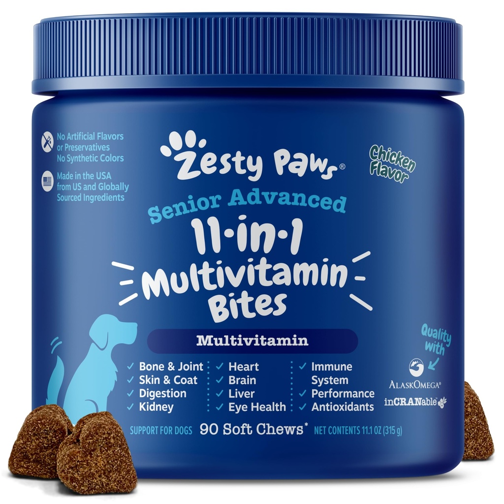 Zesty Paws Senior Dog Multivitamin Treats - Glucosamin pro psy + trávicí enzymy & Probiotika - Vitaminy zdarma a doplňky pro kůži & Coat + Imunitary Health Chicken - Advanced - 90ct