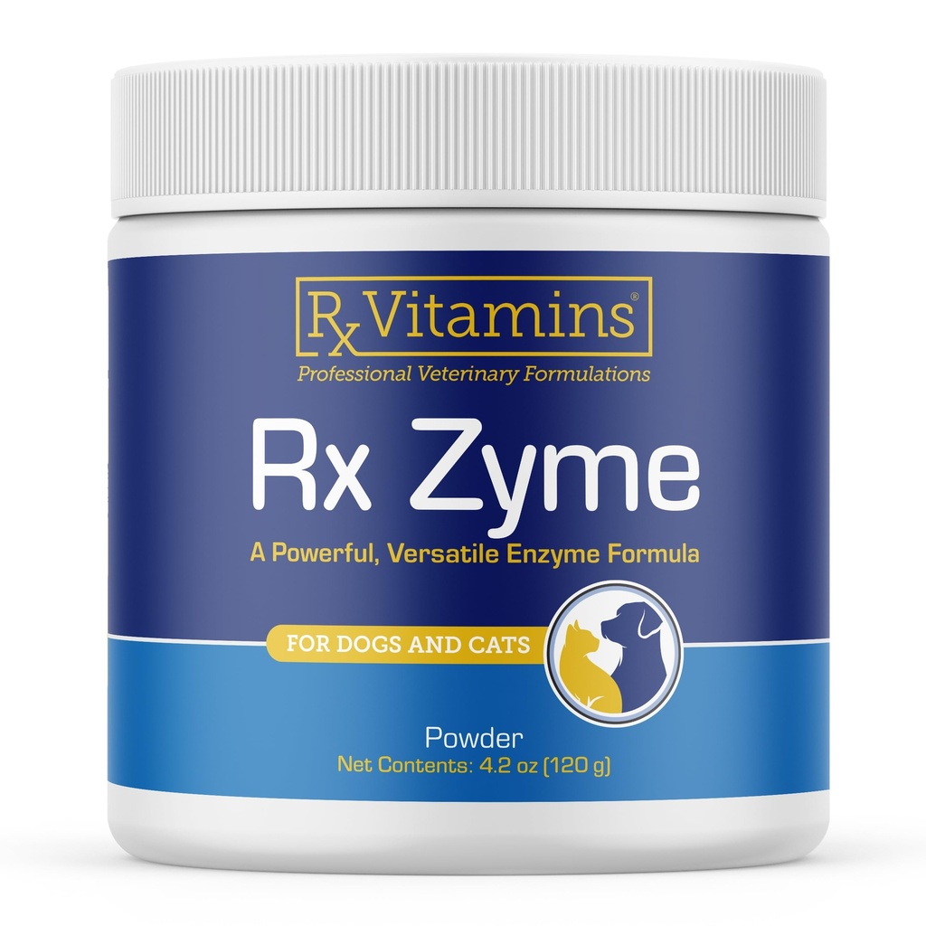 Rx Vitamíny Rx Zyme Powder - Dědičné enzymy pro psy a kočky - Anti průjem pro psy, kočičí zácpa Relief, Anti- Bloating - Kočičí stravitelná podpora a zdraví psů - 120g