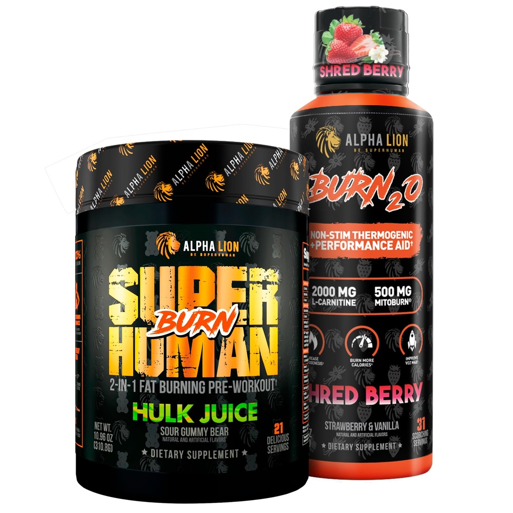 ALPHA LION Stubborn Fat Loss Stack - Superhuman Burn Pre Workout + Burn2O Liquid L- Carnitin 2000mg (ShredBerry) - 2in-1 Termogenní Fat Burning Stack pro muže a ženy
