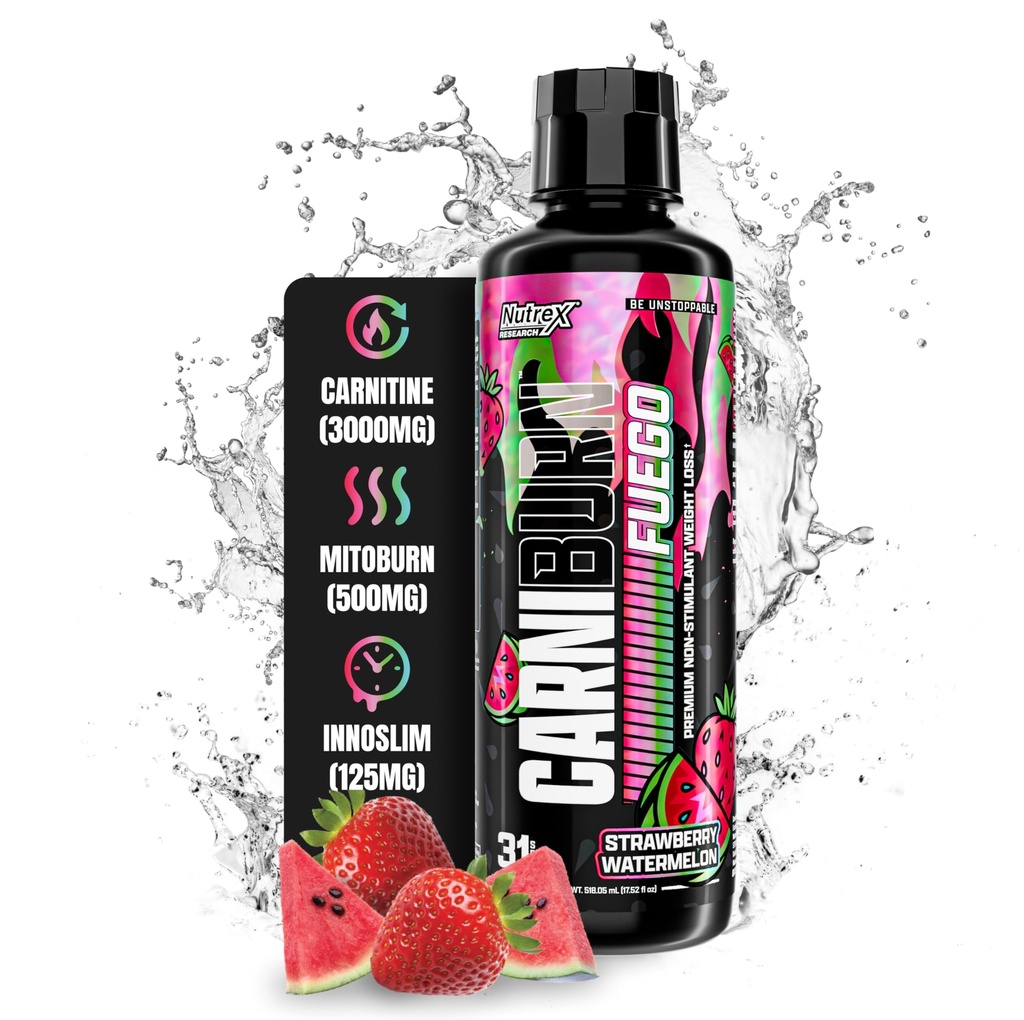 Nutrex Research Carniburn Liquid L Carnitin 3000mg - Termogenní tekutý tuk spalovač pro muže a ženy s MitoBurn, InnoSlim, GBGO - Stimulant Volný metabolismus Booster - Jahodový vodní meloun 31 SV