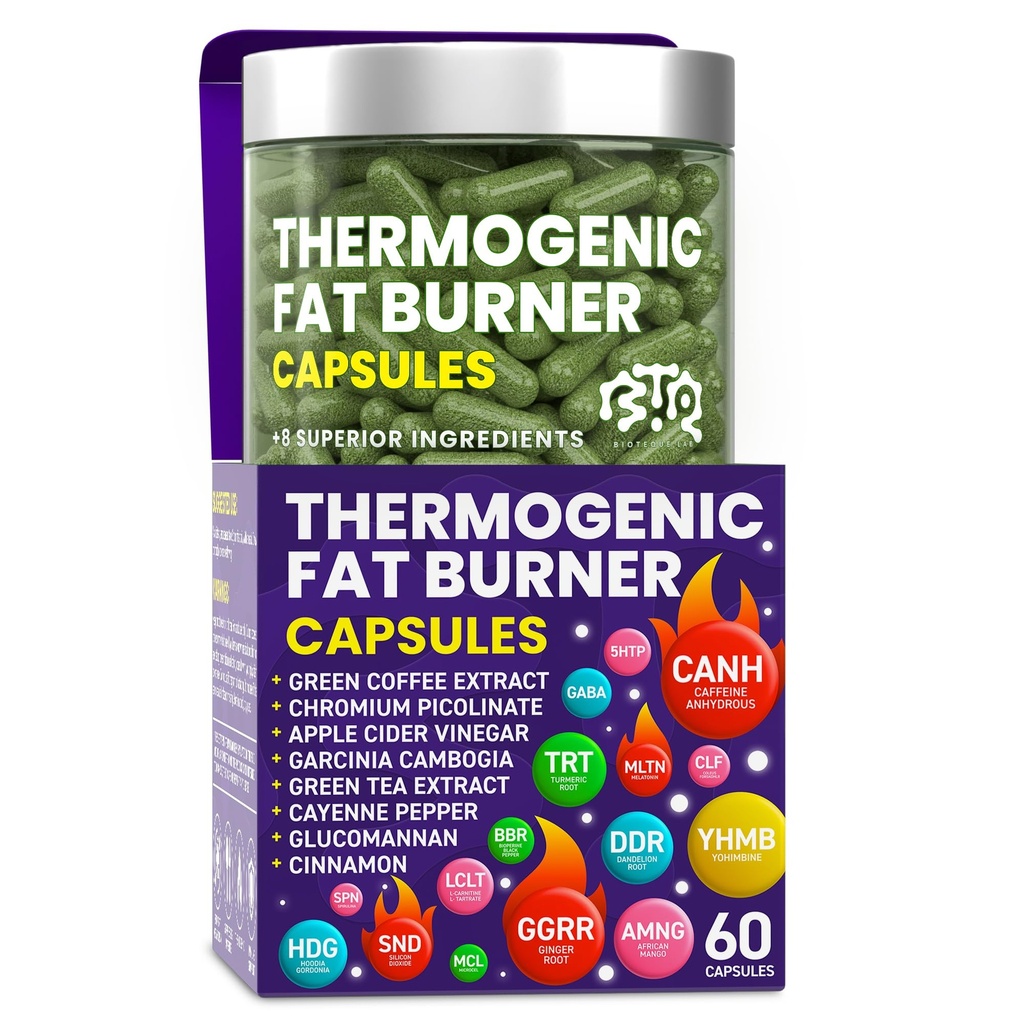 Thermogenní spalování tuků Kapsle - hubnutí pilulky pro ženy a muže, Appetite Conpressant, Metabolismus Booster - Zelený čaj, kávový extrakt, Garcinia Cambogia - Dietní pilulky pro hubnutí - 60 Kapsle