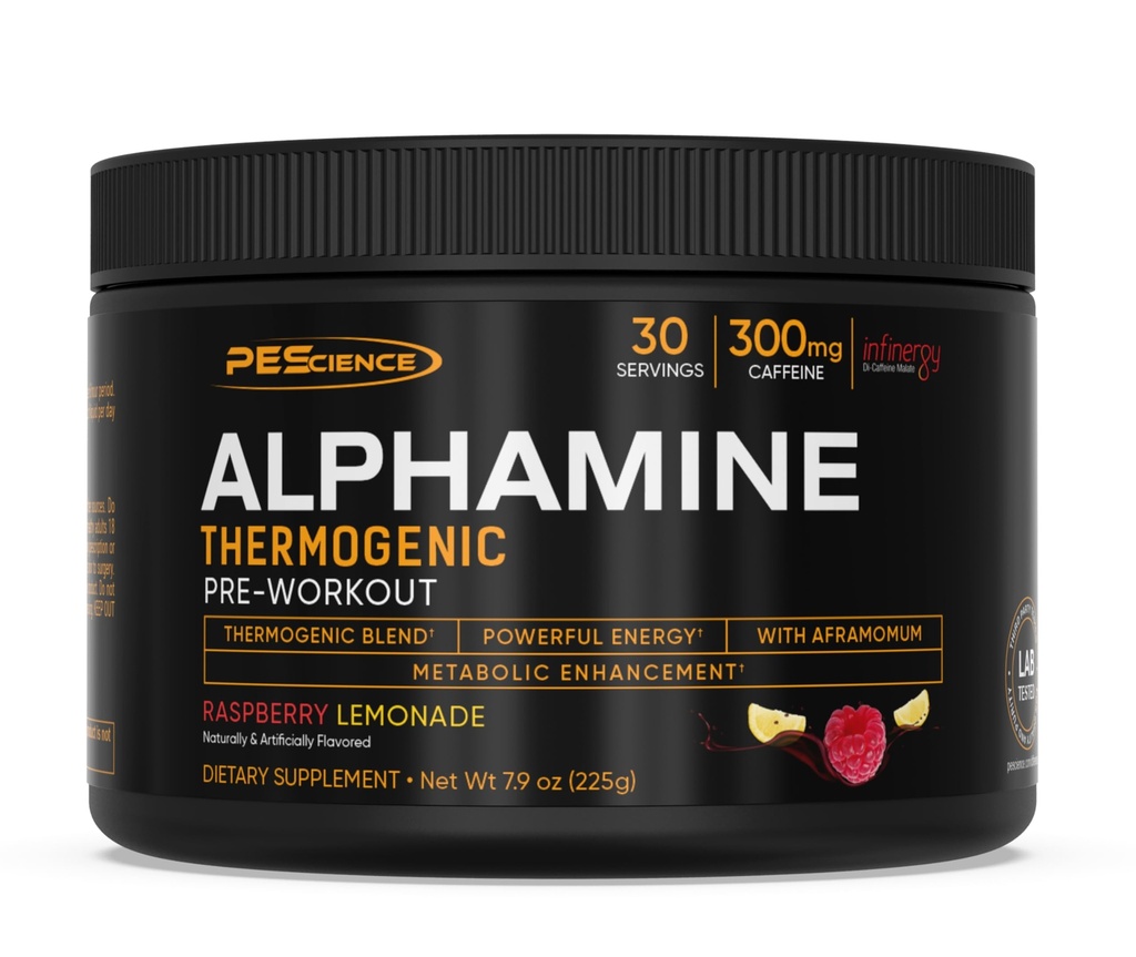 PEScience Alphamine Thermogenní Pre- Workout, Tuk Hořící PreWorkout Energy Powder s L- karnitin, Malina Lemonade, 60 Scoops